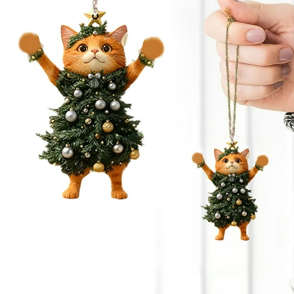 Cat Christmas Ornament,Black Cat Christmas Pendants,10 X 8 CM Cat Ornament Wearing Christmas Trees for Decorating Keychains Bags Car Rearview Backpacks and Pendants (2D Flat Acrylic)