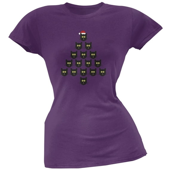 Cat Christmas Purple Tree Soft Juniors T-Shirt - Large