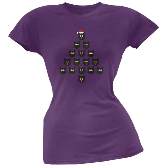 Cat Christmas Purple Tree Soft Juniors T-Shirt - Small