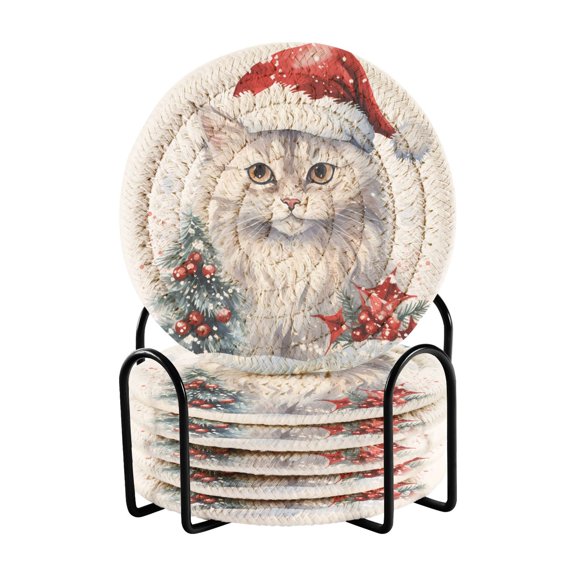 Cat Christmas Snow 6 Pcs Drink Coasters with Holder Absorbent Coasters Woven Coasters for Drinks Table Desk Protection Home Decor