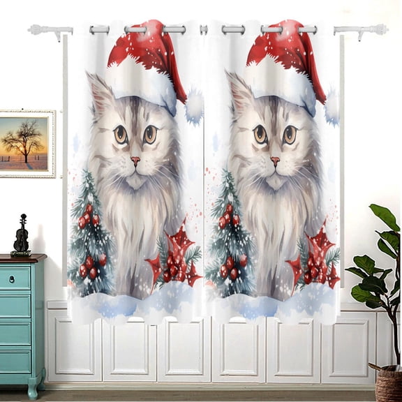 Cat Christmas Snow Blackout Curtain Panels 63x55in Drapes Privacy Assured for Living room Bedroom Bathroom 2 panels set