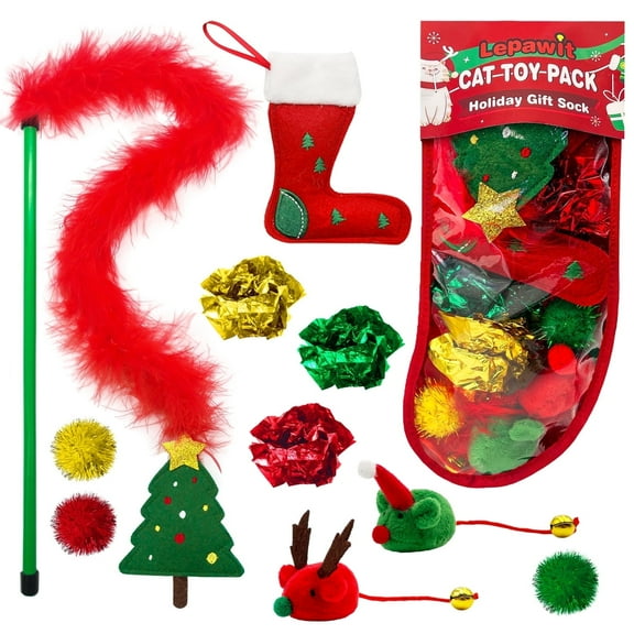 10 Pack Cat Christmas Stocking Toys with Cat Wand, Catnip, Cat Ball Toys, Crinkle Balls for Cat, Mice Toys for Indoor Cats