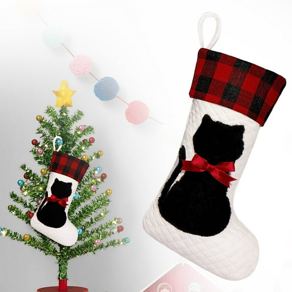 Cat Christmas Stocking, 17" Xmas Pet Hanging Knitted Stockings with Buffalo Plaid Tie and Personalized Wooden Name Tags for Pets Gifts Personalized Christmas Decorations Home Holiday Decor(Cat)