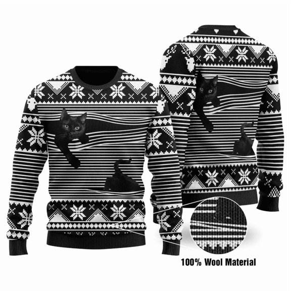 Cat Christmas Sweater Black Cat Christmas Pattern Black White 3d Sweater Cat Sweater