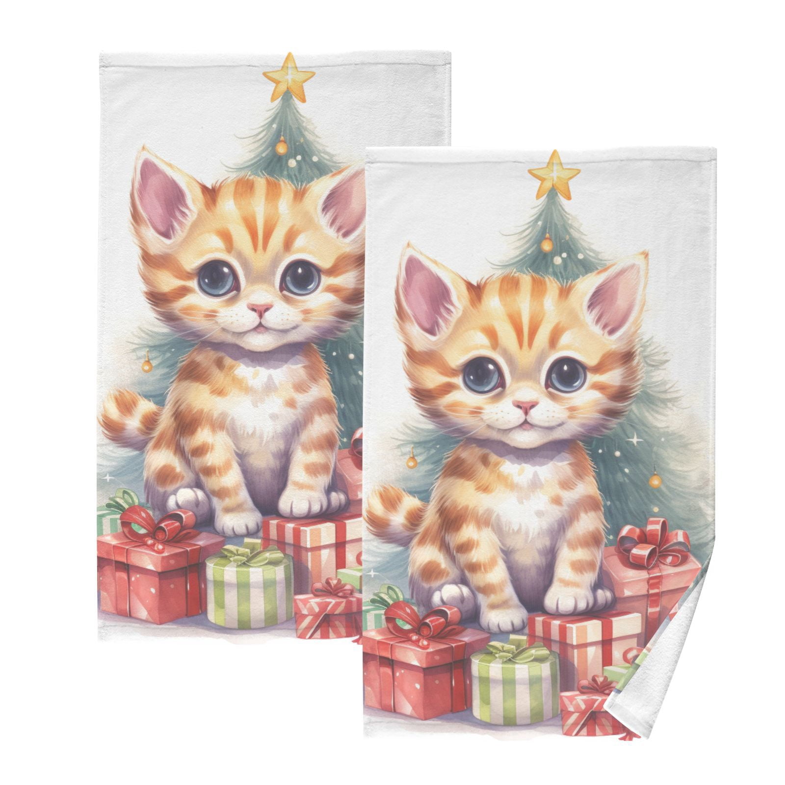 Cat Christmas Tree Gifts Hand Towel Bath Towels Face Towels Cotton Absorbent for Home Hotel Spa Swimming Yoga Sports Decorative Towel Set of 2