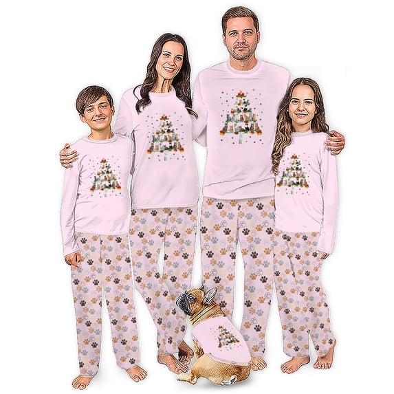 Cat Christmas Tree Matching Family Pajamas With Dog, Pink Kitty Holiday PJs, Cat Lover Christmas Pajama Set, Plus Sizes