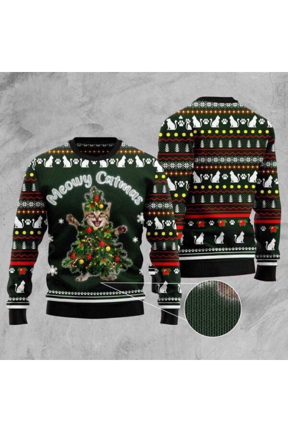 Cat Christmas Tree Meowy Catmas Ugly Christmas Sweater, Christmas Cat Ugly Sweater, Ugly Cat Xmas Sweater