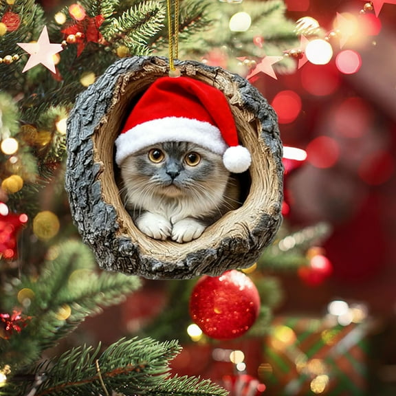 Cat Christmas Tree Ornaments, A Kitten in The Tree Hole 2D Acrylic Hanging Ornament, Cats with Santa Hat Cute Pet Lover Christmas Decorations Gifts, Holiday Winter Home Decor Party Supplies D