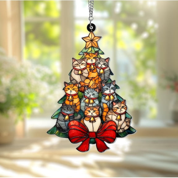 Cat Christmas Tree Star Top Acrylic Suncatcher Stacked Kitty Window Decor Holiday Gift for Cat Lovers