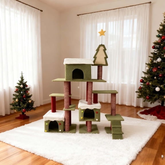 Cat Christmas Tree - Modern Wooden Tower with Scratching Post, Safe Proof Festive Decor, Large Top Platform & Multiple Perches + Interactive Toy, Aesthetic Wood for Indoor Condo