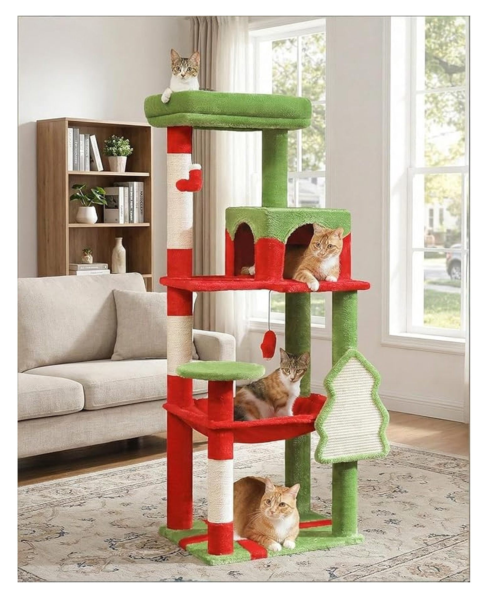 Cat Christmas Tree for Indoor Cats 56.3" - Holiday Cat Tree Tower with Hammock, Scratching Posts & Toys - Festive Red