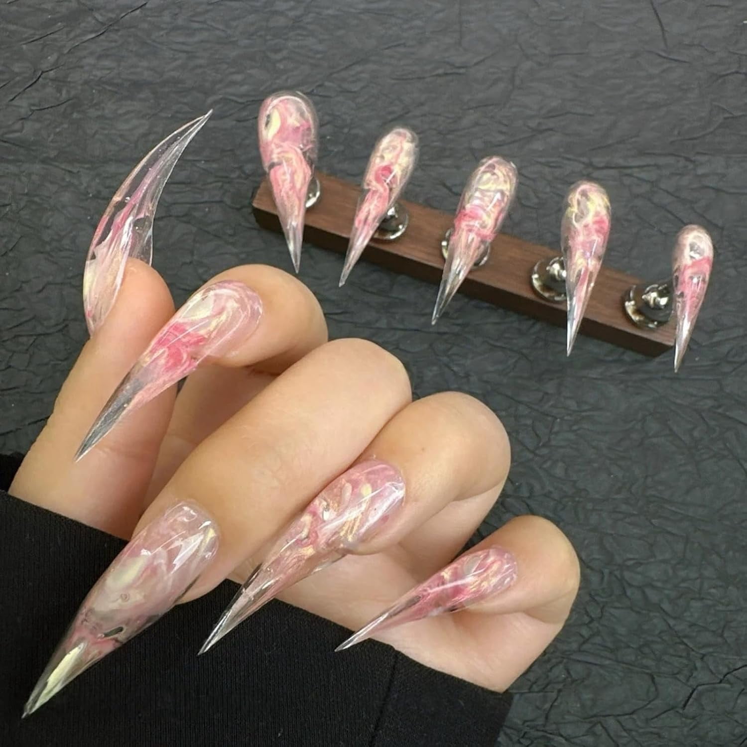 Cat Claw Press on Nails Long Stiletto Aurora Pink Ombre Gothic Style Witch Press on Nails Reusable Thick Acrylic Cat Dragon Eagle Claw False Nail Glossy Glue on Nail
