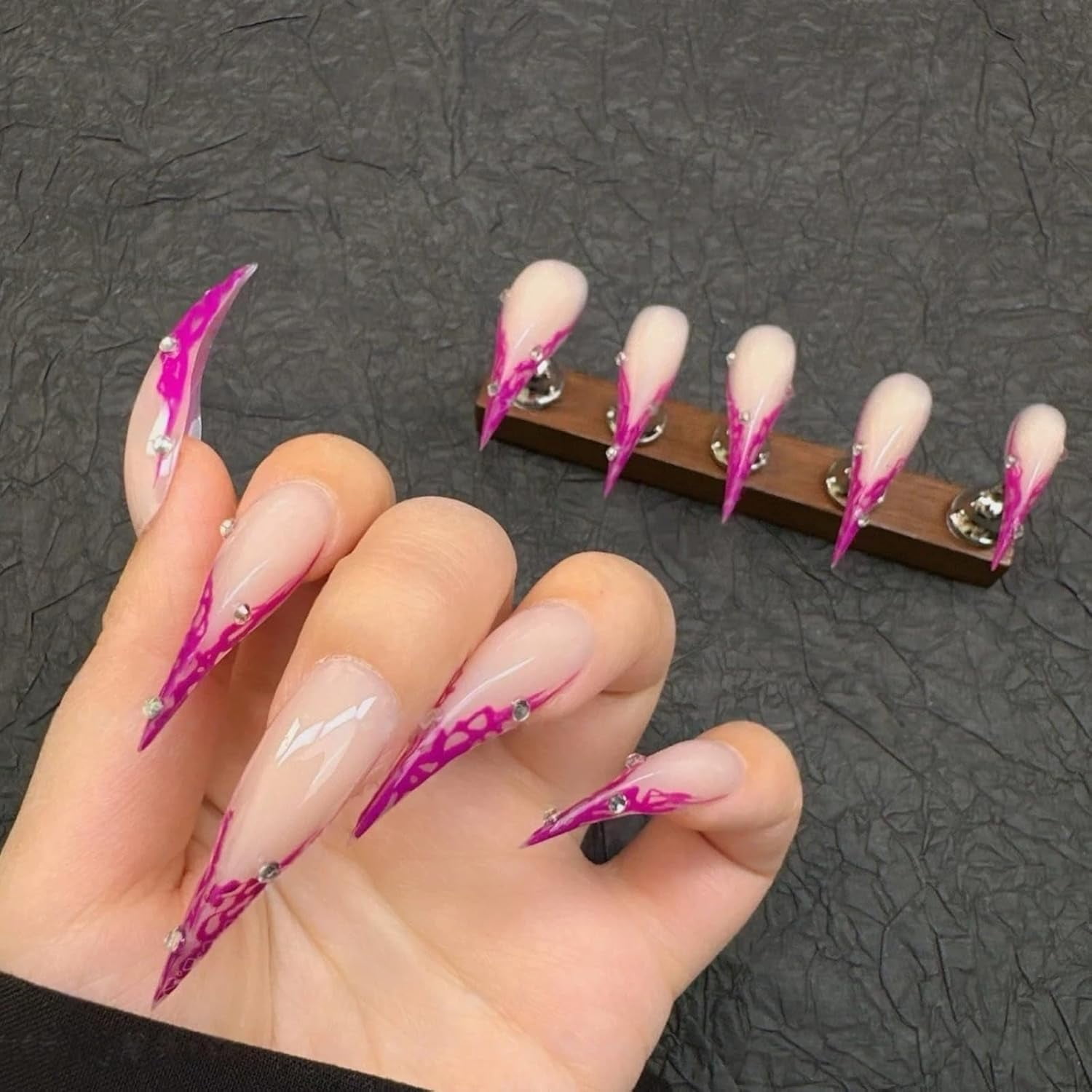 Cat Claw Press on Nails Nude with Purple French Trim Long Stiletto Handmade Reusable Thick Acrylic Cat Dragon Eagle Claw False Nail Glossy Glue on Nail with Y2K Style Design