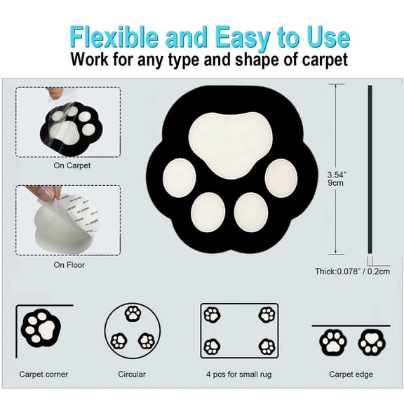 Cat Claw Type 4 Pcs Rug Gripper, Non Slip Rug Pads Grippers for Hardwood Floors and Tiles, Reusable Carpet Tape for Area Rugs, Double-Sided Adhesive Rug Stickers Keep Corners Flat (Black)