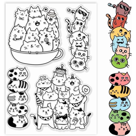 Cat Clear Stamp Cartoon Cats Silicone Stamp Lovely Cats Transparent Rubber Stamp Seal Stamp for Birthday Card Making Decoration Journal Postcard DIY Scrapbooking Gift Tags Mixed Color