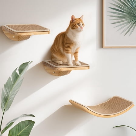 Cat Climbing Frame Set with Scratching Mat, Wall Mounted Cat Furniture Set with 2 Steps and Curved Platforms, Wooden Cat Shelves for Sleeping and Playing