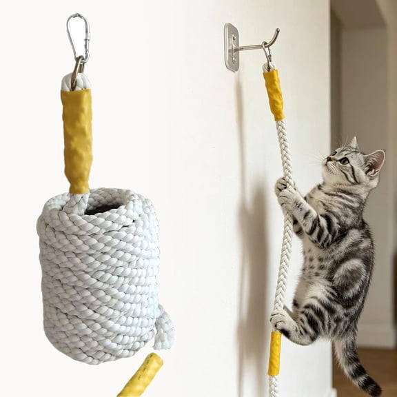Cat Climbing Rope, Natural Hemp Wall Mounted Cat Rope Ladder with Sturdy Hooks, Durable Scratching and Climbing Toy for Indoor Outdoor Cats (2m)