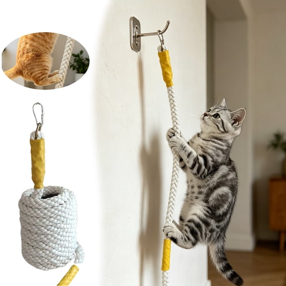 Cat Climbing Rope Wall Mounted, Hanging Scratching Post with Hooks, Space Saving Cat Ladder for Indoor Cats, Ceiling to Floor Climbing Toy, White
