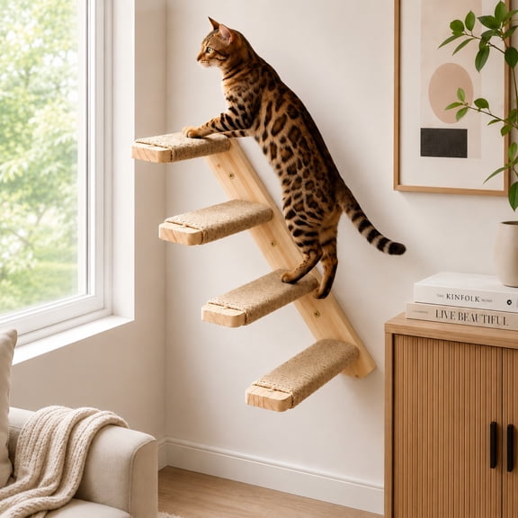 PELUOMOZ Reversible Wall Mounted Cat Perch with 4-Step Stair & Sisal Rope, Brown