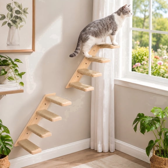 Peluomoz Cat Perch, Natural Wood Wall Mounted 4-Step Stair Shelf with Sisal Rope