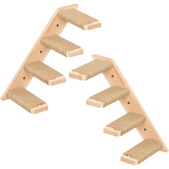 PELUOMOZ Natural Wood 4-Step Reversible Cat Stair Shelf – Wall-Mounted Sisal Rope Climber Furniture