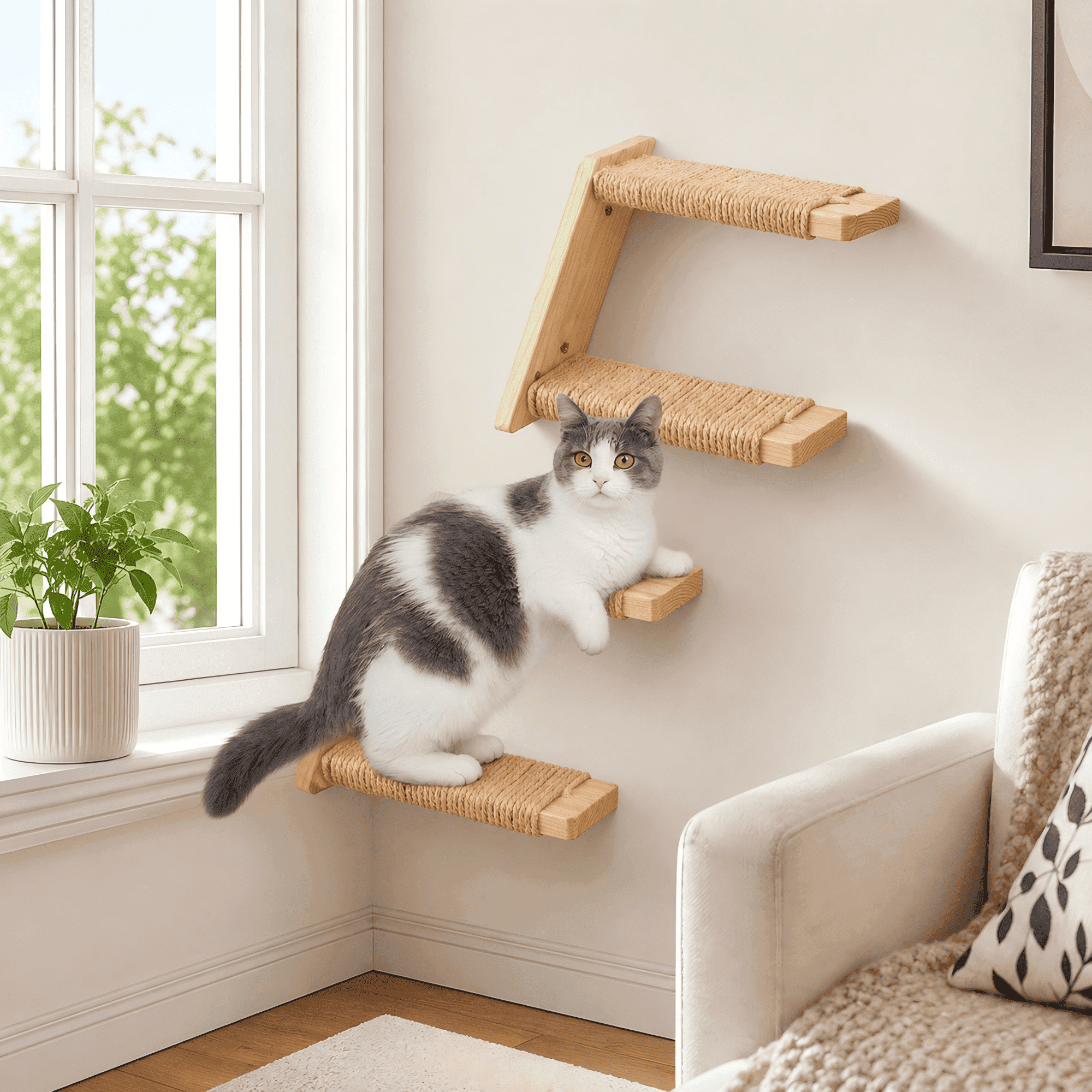 PELUOMOZ Wall Mounted Cat Ladder with Reversible Sisal Steps, Natural Wood Climbing Shelf