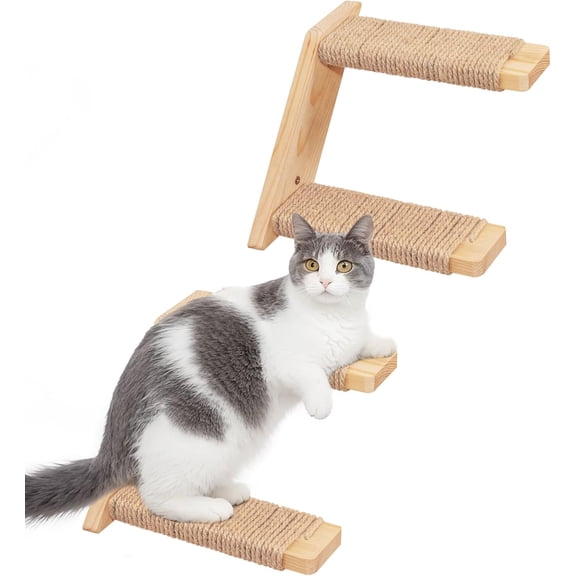 Cat Climbing Stair Shelf Wall Mounted Reversible Left & Right Direction, Cat Stairway Shelf for Climbing with Sisal Rope Ladder Cat Wall Furniture