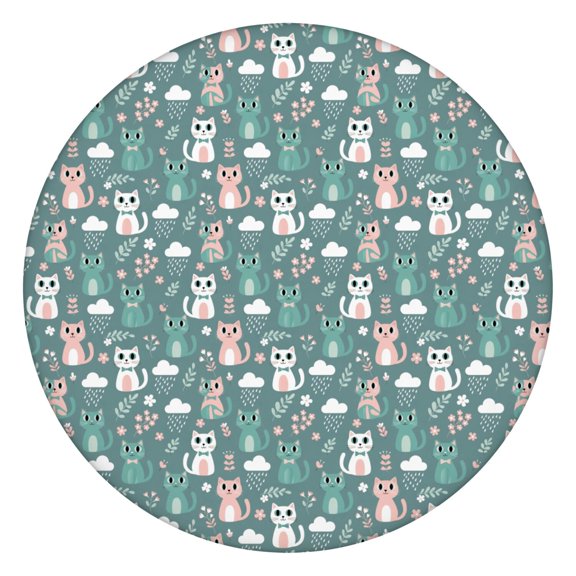 Cat Cloud Floral Teal Pattern Round Elastic Tablecloth, 36-44 Inch Waterproof, Machine Washable, Indoor & Outdoor Use