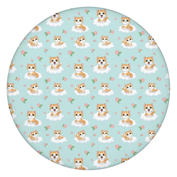 Cat Cloud Floral Teal Pattern Round Elastic Tablecloth, 45-52 Inch Waterproof, Machine Washable, Indoor & Outdoor Use