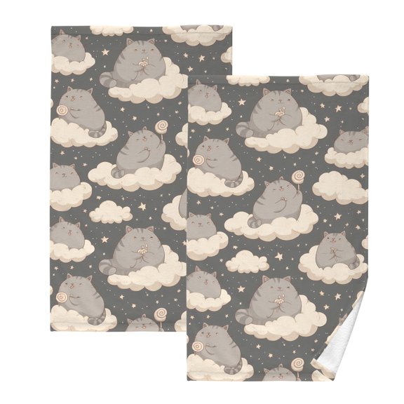 Cat Cloud Pattern Cotton Towel Set Face Hand Towels 2 Pack Soft Absorbent 16x28in