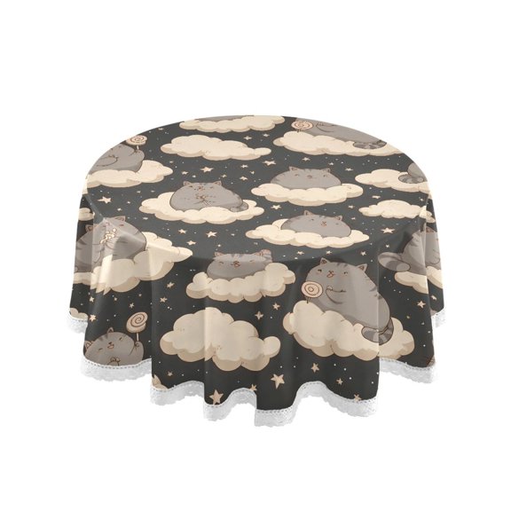 Cat Cloud Pattern Round Lace Tablecloth 60 Inch Polyester Wrinkle Resistant Decorative