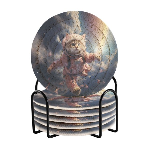 Cat Clouds with Rainbow 6 Pcs Drink Coasters with Holder Absorbent Coasters Woven Coasters for Drinks Table Desk Protection Home Decor