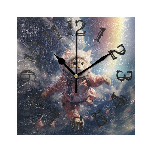 Cat Clouds with Rainbow Wall Clock Square Silent Non Ticking Battery Operated Clock for Home Bathroom Kitchen Bedroom Living Room