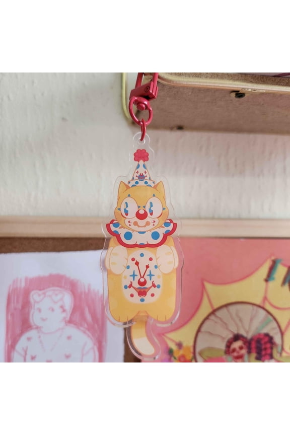 Cat Clown Clock Swinging Acrylic Keychain