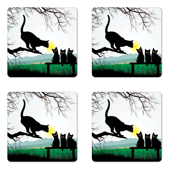 Cat Coaster Set of 4, Mother Cat on Tree Branch and Baby Kittens in Park Best Friends I Love My Kitty Graphic, Square Hardboard Gloss Coasters, Standard Size, Multicolor, by Ambesonne