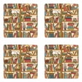 thumbnail image 1 of Cat Coaster Set of 4, Nerd Book Lover Kitty Sleeping over Bookshelf Library Academics Feline Boho Design, Square Hardboard Gloss Coasters, Standard Size, Multicolor, by Ambesonne, 1 of 2