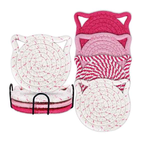 Cat Coasters, Hand Woven Cotton Rope Heat Resistant Anti-Scratch Pads, 4 Pieces Cute Cat Shaped Coaster Set with Metal Holder in Magenta Blue Pink Colors, Suitable for Tabletop Protection Drink Mug C