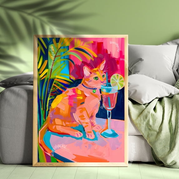 Cat Cocktail Print - Cat Decor - Trendy Cocktail Print - Preppy Wall Art - Trending Art - College Dorm Decor - Pink Bedroom Decor Wall Art, Modern Wall Decor, 24x36 UNFRAMED
