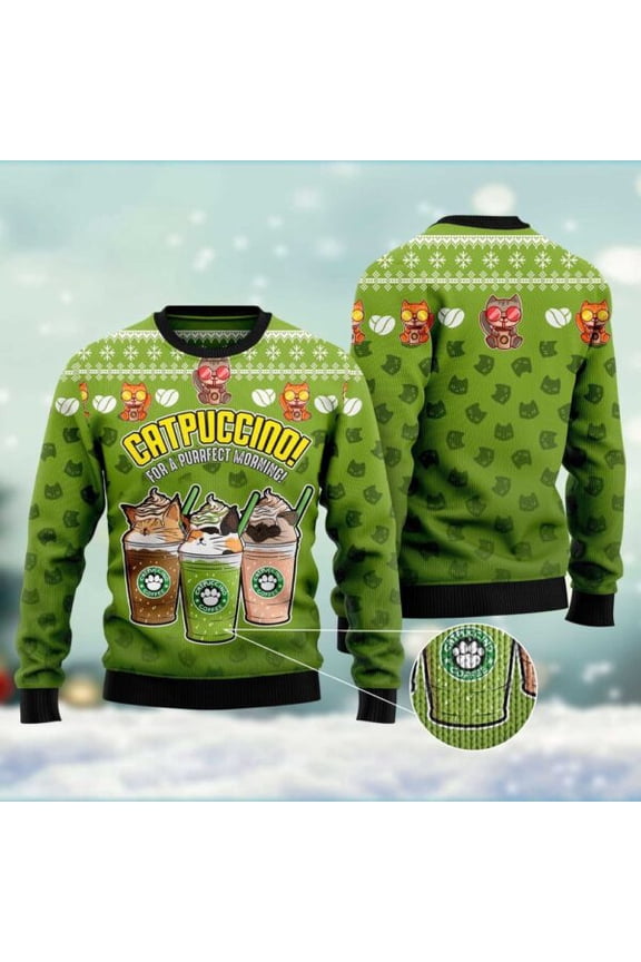 Cat Coffee Ugly Christmas Sweater, Christmas Cat Ugly Sweater, Ugly Cat Xmas Sweater