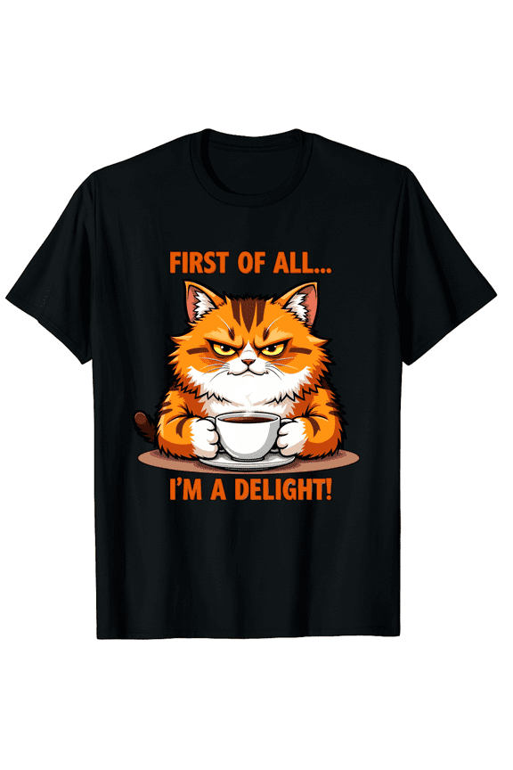 Cat Coffee Grumpy First Of All I Am A Delight Men Women Short Sleeve Graphic T-Shirt, Coffee Lover Gift