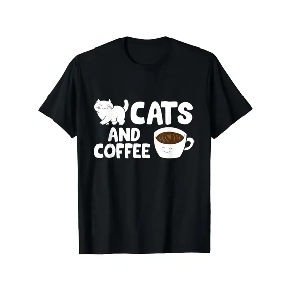 Cat & Coffee Lovers T-Shirt for Men & Women - Casual Short Sleeve Round Neck Tee with Cute Kitten & Coffee Bean Print, Lightweight for all-Season Wear, Machine Washable, Unisex Top