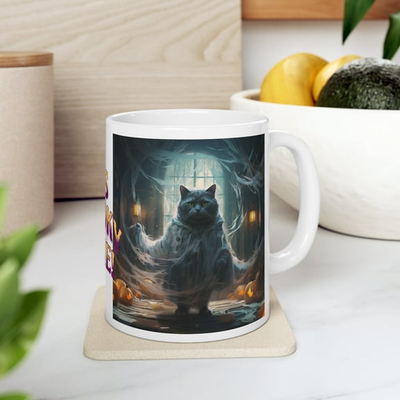 Cat Coffee Mug 11oz, Spooky Time Cat Lover Mug, Halloween Ghost Cat Tea Cup
