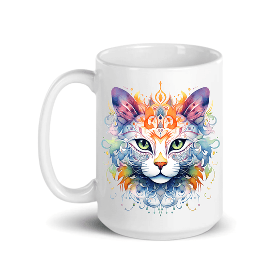 C&M Personal Gifts 15 oz. Cat Ceramic Coffee Mug - Unique Gift for Cat Lovers - Mandala Pattern