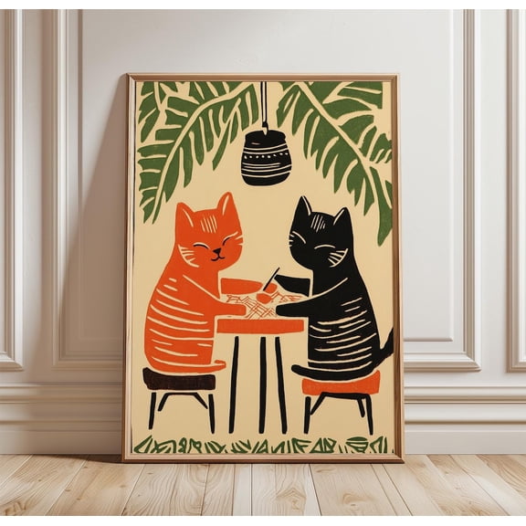 Cat Coffee Two Cats Cafe Scene Folk Style Animal Whimsical Decor Unframed Paper Print