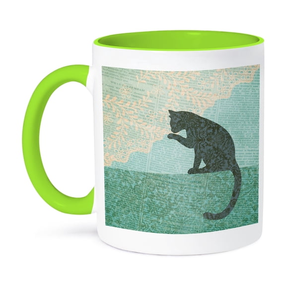 3dRose, Cat Collage Art With Vintage Patten In Shades Of Green And Teal, 11oz Two-Tone Green Mug