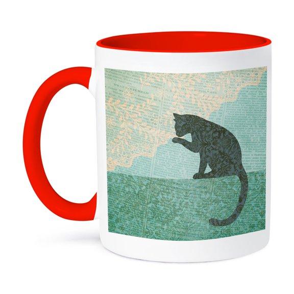 3dRose, Cat Collage Art With Vintage Patten In Shades Of Green And Teal, 11oz Two-Tone Red Mug