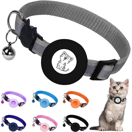 Cat Collar Airtag Holder,Reflective Waterproof Cat Collar with Bell,Airtag Holder Width 0.4 inch, Adjustable Strap with Breakaway Safety Buckle for Kitten Cats Pets Puppy Grey