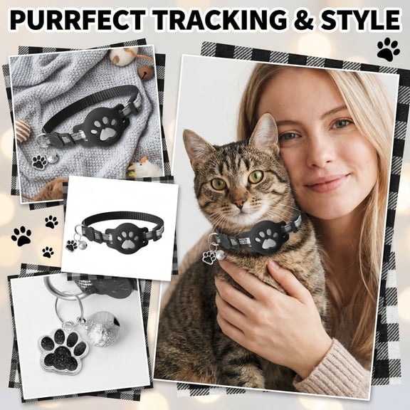 Cat Collar with Bell, Cat Bell Collar, Adjustable 8-12 in, Black Woven Nylon, Paw Print Silicone Case, Reflective Threading, Breakaway Clasp, Silver Ringer, 1 Pc