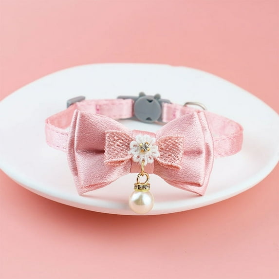 Cat Collar Breakaway, Adjustable Cute Cotton Kitten Collar with Pearl Pendant Fashion Comfortable Cats Collars with Safety Buckle for Girl Cat(Pink)