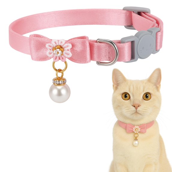 Cat Collar Breakaway, Adjustable Cute Cotton Kitten Collar with Pearl Pendant Fashion Comfortable Cats Collars with Safety Buckle for Girl Cat(Pink)